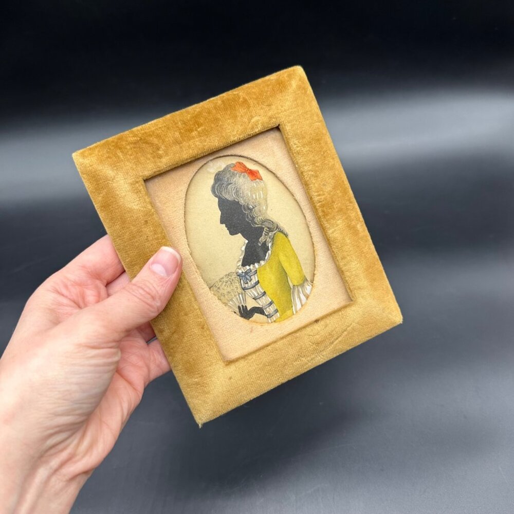 Antique English Regency Silhouette Print Yellow Velvet Frame Wall Hanging Mini - Picture 8 of 10
